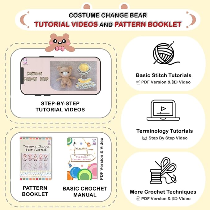 LoopMap Crochet Kit for Beginners - DIY Amigurumi Bear with Removable Dress & Accessories - Step-by-Step Video Tutorials, Extra Yarn, Crochet Tools, Handmade Gift for Kids & Adults (Bear K02, Yellow)