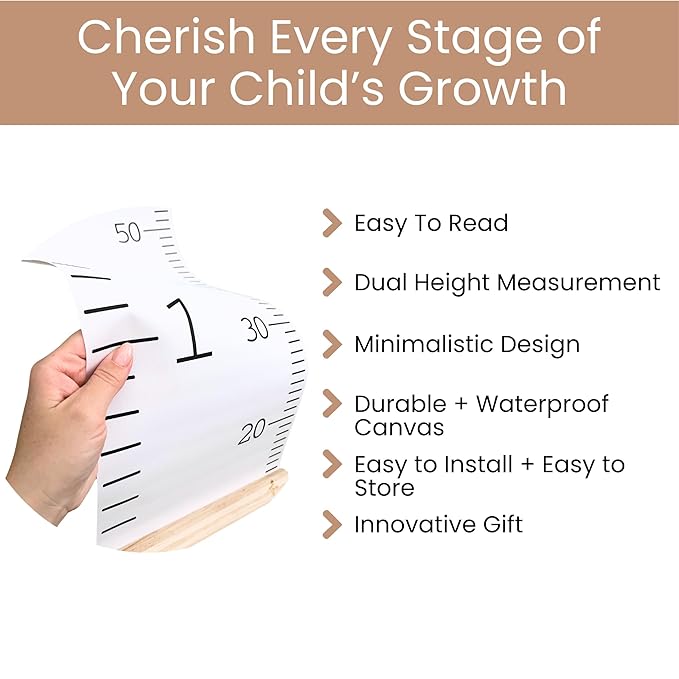Growth Chart for Wall | Kids Height Chart Canvas Ruler with Wooden Storage Box | Waterproof Measuring Chart | Nursery Decor & Baby Shower Gift