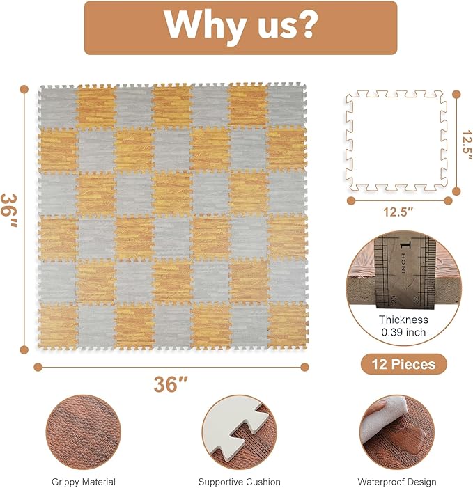 Skyweaver 36 Tiles Soft Non-Toxic Baby Play Mat for Floor EVA Foam Jigsaw Puzzle Play Mat, Interlocking Squares with 0.6inch for Babies, Toddlers & Kids Gym, Nursery, Playroom, Gray