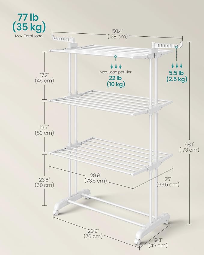SONGMICS Clothes Drying Rack Stand 4-Tier, Foldable Laundry Drying Rack 68.1-Inch Tall, Stainless Steel, Rolling Clothes Horses Dryer Rack, Easy to Assemble, Indoor Outdoor Use, Cloud White ULLR701W03