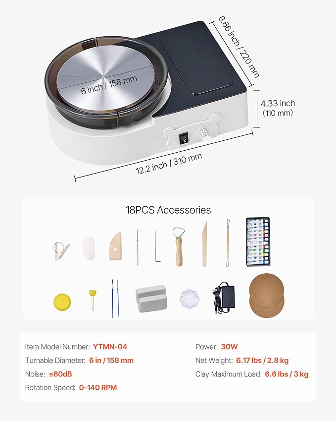 VEVOR Mini Pottery Wheel For Kids and Beginners, 6” Turntable, Two-way Rotation, Adjustable Speed, Complete Pottery Set with Clay Art Supplies Sculpting Tools, Craft Gifts for Kids Teens Adults, White