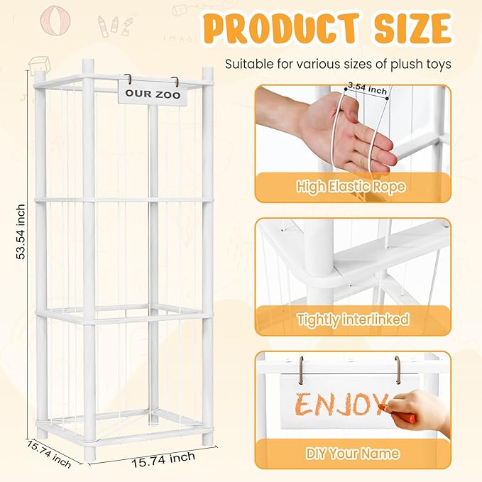 Stuffed Animal Storage & Organizer, Wooden Cute Zoo Toy Holder for Toddler Rooms, Playrooms & Bedrooms（White）