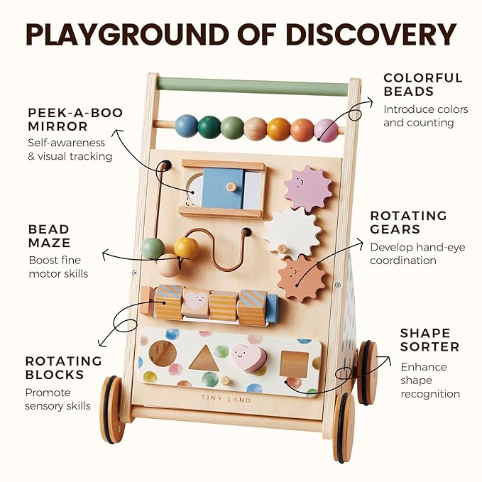 Tiny Land Wooden Baby Walker, Adjustable Speed Baby Push Walker for Boys and Girls, Montessori Activity Center Push Toy for Kids Development (Morandi)
