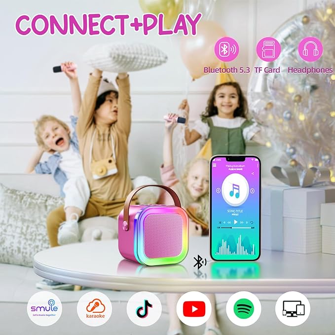 Kinglucky Mini Karaoke Machine for Kids, 2025 TOP Birthday Gifts Ideas for 3-12 Year Old Girls, Christmas Party Gifts Kids' Personal Video Players Accessories with 2 Wireless Microphones - Rose Pink