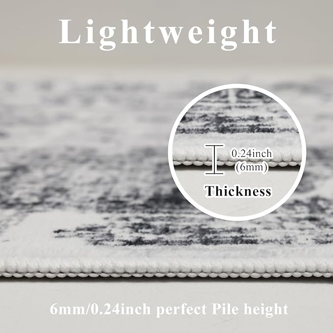 Washable 6x9 Area Rug for Living Room, Carpet for Bedroom Dining Room, Non Slip&Non-Shedding Resistant Low Pile Vintage Print Rug for Home Office ((White/Grey)