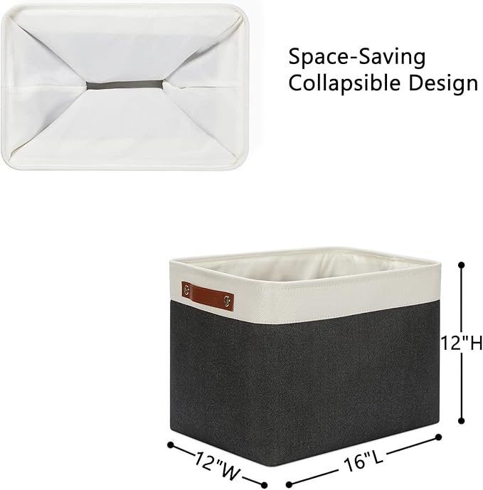 DULLEMELO Storage Bins Large-16"x12"x12" With Leather Handles for Organizing,Decorative Collapsible Storage Baskets for Shelves Closet Home Office (White&Black)