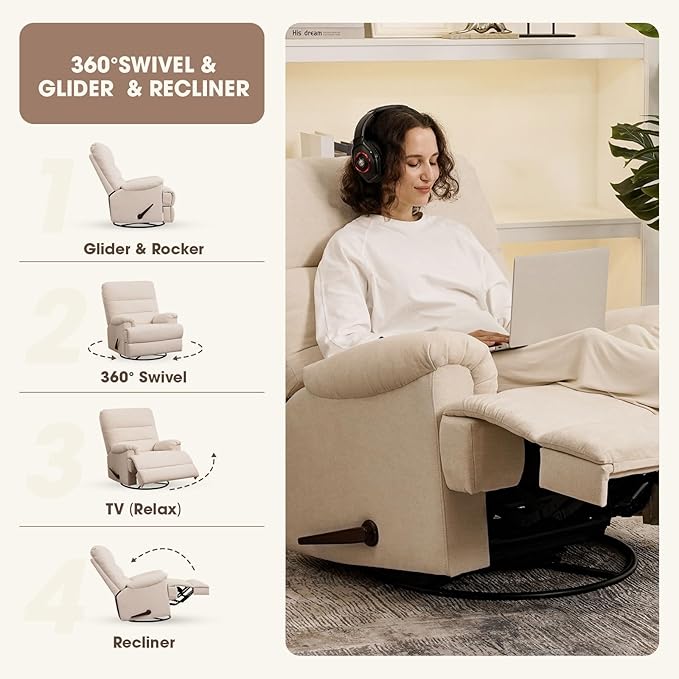 Large Glider Rocker Recliner,Beige Swivel Rocking Recliner Chair,Reclining Sofa Rocking Chair Nursery,23 Inches Deep Seat & 27 inches High Back,for Living Room, Bed Room‎ (Beige)