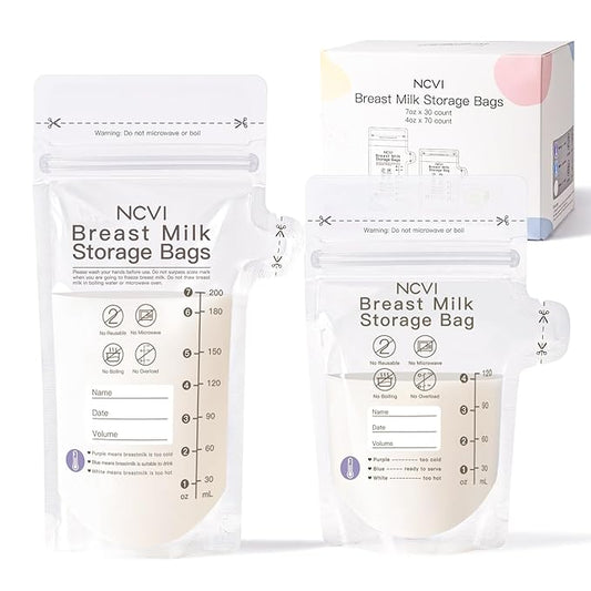 NCVI 4+7 oz Breastmilk Storage Bag Freezer for 0-3 Months, Breast Milk Feeding Bag with Temp-Sensing, Doubled-Sealed, Self Standing, Easy Pour Spout, BPA-Free, 4oz(70count)+7oz(30count)