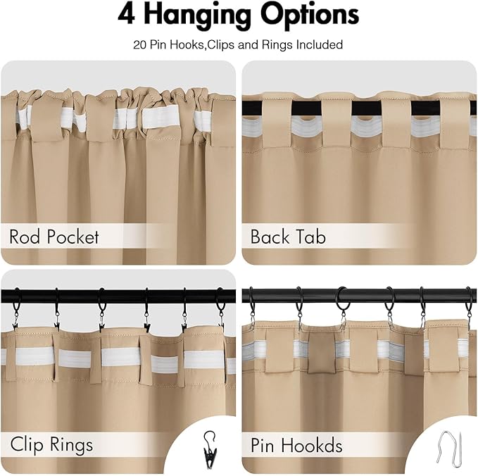 ANRODUO Back Tab Blackout Curtains for Bedroom Living Room, Rod Pocket Pinch Pleated Thermal Insulated Room Darkening Curtains 72 Inches Long 2 Panels, Beige, 42 x 72 Inch