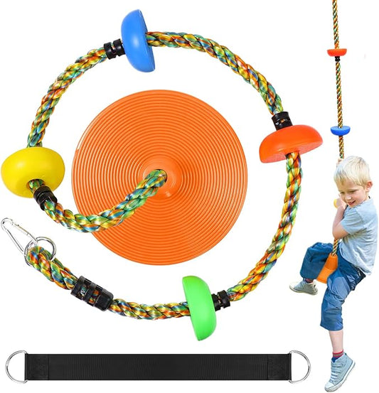 Tree Swing Rainbow Climbing Rope, Heavy Duty Swing Disc Seat Replacement for Kids with Hanging Strap and Platform Carabiners Indoor/Outdoor Playground Accessories (Orange)