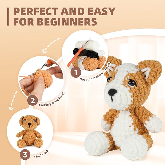 MOREJMTT Crochet Kit for Beginners, Learn to Crochet, Include Easy Knitting Soft Yarn, Step-by-Step Video Tutorial, Hook, Holiday Birthday Gift for Adults and Kids(2 Pack Dog)