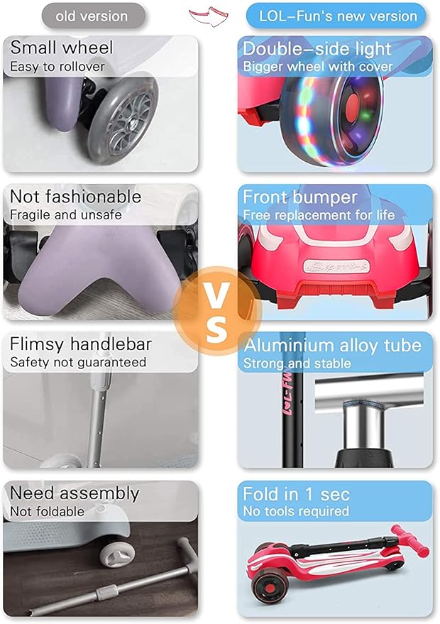 LOL-FUN Toddler Scooter for Kids Ages 3-12 Years Old Boy Girl with 3 Wheel LED Lights, Extra-Wide Childrens Foldable Kick Scooter Kids Ages 3-5 with 4 Adjustable Height and Lean-to-Steer