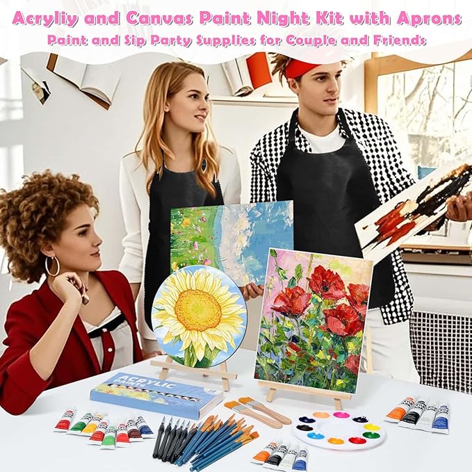 Date Night Painting Kit, 62 Pcs Detail Paint Brushes Canvas Panels with Wood Easel 12 Colors Acrylic Paint, Circular Canvas Art Aprons Sip and Paint Supplies for Adults, Kids, and Beginner
