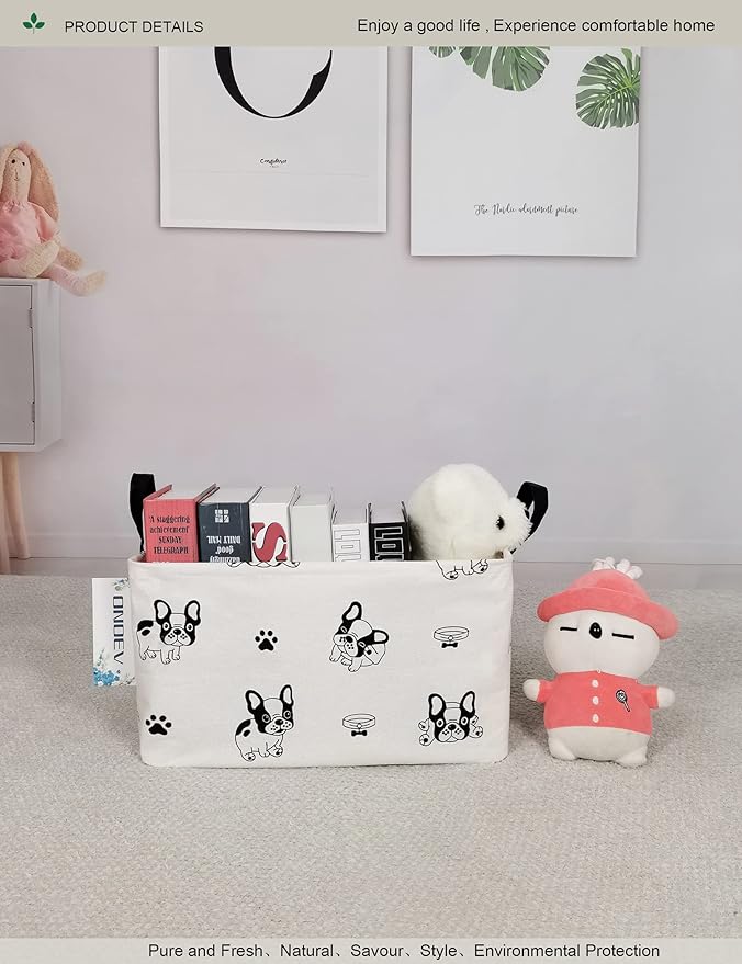Rectangular Fabric storage box, decorative basket and finishing basket with handle are used for the storage of clothes, books and sundries (Bulldog) 14.9’’L ×10.2’’W×9.05’’H inches