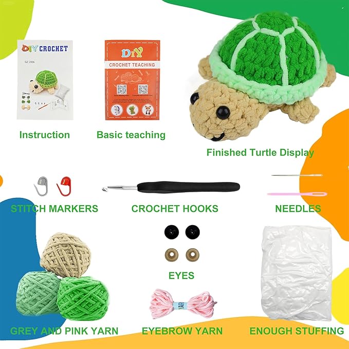 Utook Crochet Kit for Beginners, 6-Pack Crochet Animal Kit,Crochet Kits for Beginners Adults and Children, with Instructional Videos and Paper tutorials, Handmade Crafts, Holiday Gifts (Turtle)
