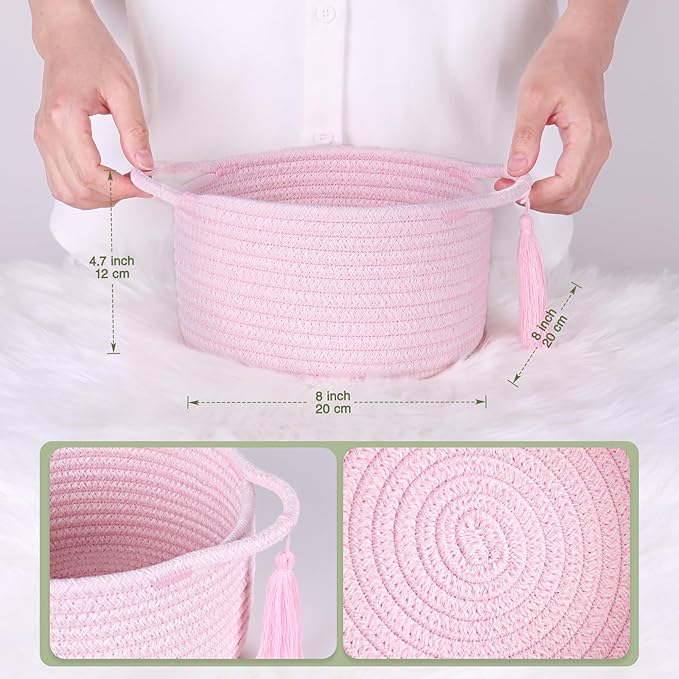 Small Cute Empty Gift Basket Little Woven Rope Organizer Baskets for Baby Shower Gifting, Makeup Brushes Holder, Bathroom- Decorative Vanity Storage Bins - 2 Pack, Pre-Shaped, Pastel Pink