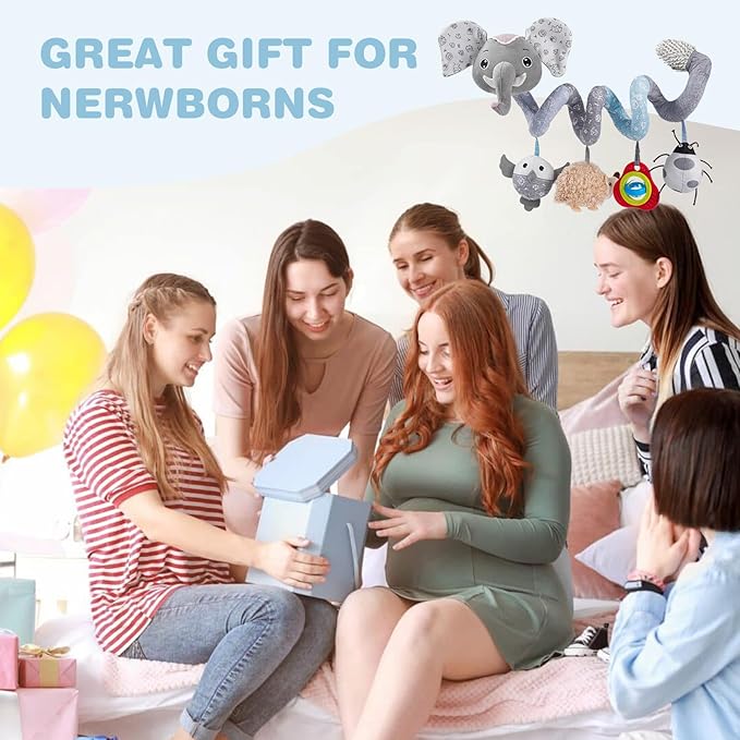 Jollybaby Baby Car Seat Stroller Toys, Plush Activity Hanging Spiral Activity Pram Crib with Music Box, Rattles, Squeaker for Babies Infant Boys Girls (SZ Gray Elephant)