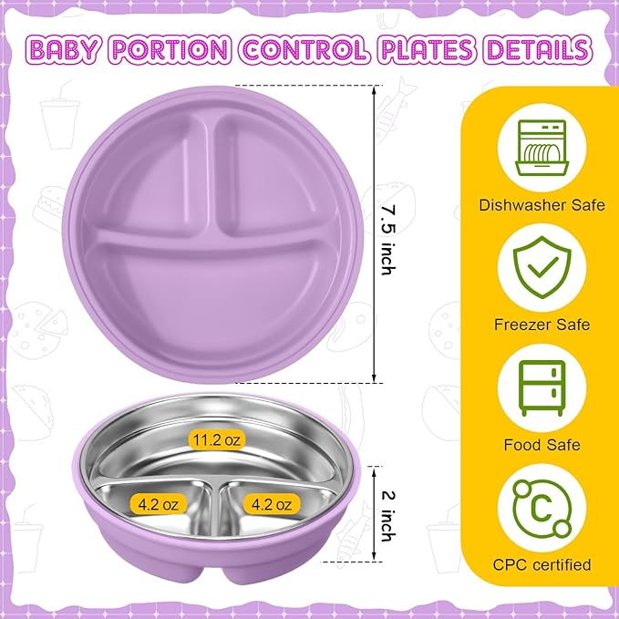 Nuogo 1 Pcs Stainless Steel Baby Suction Plates with Removable Silicone Shell 2-in-1 Metal Toddler Bowl Divided for Picky Eaters Kid Feeding Led Weaning Supply, Dishwasher Safe (Purple)