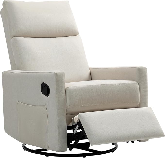 Swivel Rocker Recliner Chair, Upholstered Fabric Nursery Rocking Glider Chair with Adjustable Backrest and Footrest, Lay Flat Recliner Single Lazy Sofa for Living Room(Beige)
