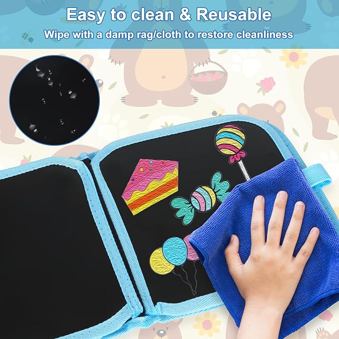 Erasable Doodle Set for Kids - Reusable Magic Drawing Book with 12 Watercolor Pens 14 Page Drawing, Road Trip Car Game Writing Painting Set for Boys and Girls (Bear)