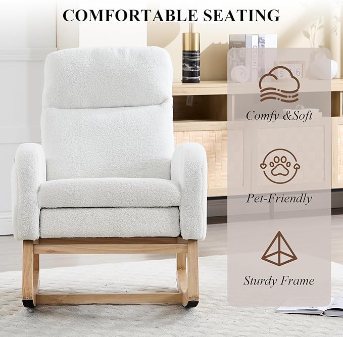 NIOIIKIT Oversized Nursery Rocking Chair, Teddy Upholstered Glider Chair with Footrest, Large Glider Rocker with Side Pocket, Rocking Accent Chair, Glider Recliner for Living Room (White Teddy)
