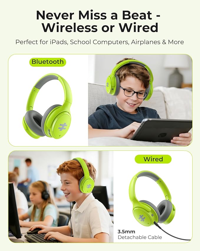seenda Kids Wireless Active Noise Cancelling Headphones, 60H Playtime, Safe Volume (74/85/94dB), Bluetooth 5.4, Type-C Foldable Headphones with Mic for School, iPad, Airplane, Travel, Green