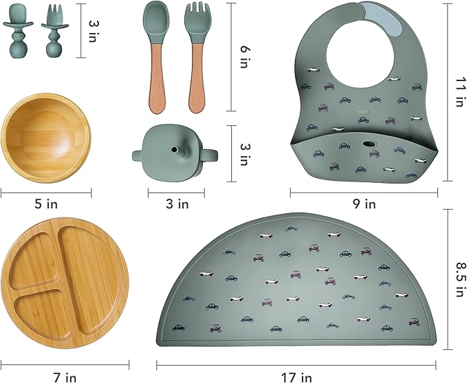Bamboo Baby Feeding Set for Infants & Toddlers - Baby Essentials, Non-Toxic, Sustainable, Bamboo Suction Plate & Bowl, Bib, Sippy Cup w/Lid & Straw, Perfect Baby Shower Gifts (Pine Gray)