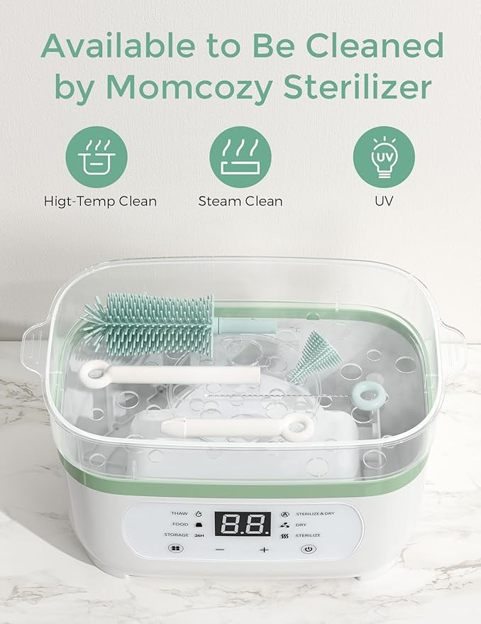 Momcozy Bottle Brush Set - Baby Bottle Cleaner Kit with Silicone Brush, Nipple Brush, Straw Brush, Soap Dispenser, Drying Rack - 7 in 1 Bottle Cleaning Tool for Home and Travel