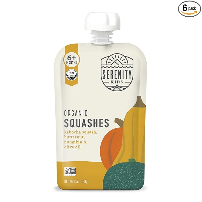 Serenity Kids 6+ Months Organic Veggie Puree Baby Food Pouches - BPA-Free Pouches - No Added Sugar & Allergen-Free - Healthy Baby Snacks - 3.5 Oz, 6 Pack