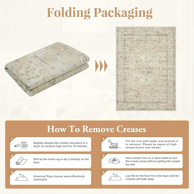 LIVEBOX Washable Area Rug 5x7 Rugs for Living Room Bedroom, Non-Slip Boho Neutral Carpet for Dining Room Office, Low-Pile Farmhouse Soft Carpets for Kids Nursery Room Playroom, Tan