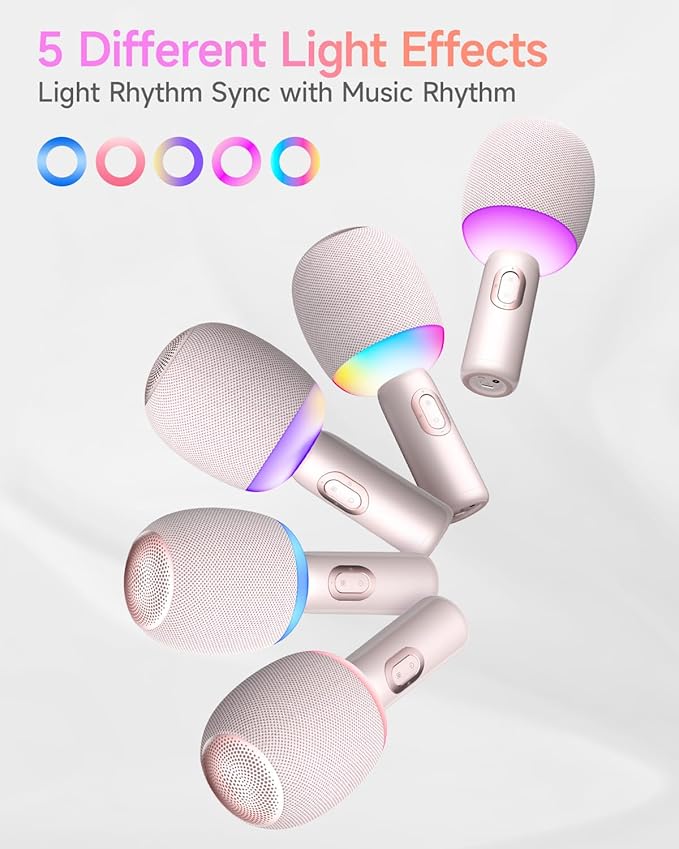 Wireless Bluetooth Karaoke Microphone, 5-in-1 Portable Handheld Mic Speaker with Dynamic Lights, Karaoke Microfono for Car Travel Home Party, Music Record, Duet Singing Gifts for Adults Kids (Pink)