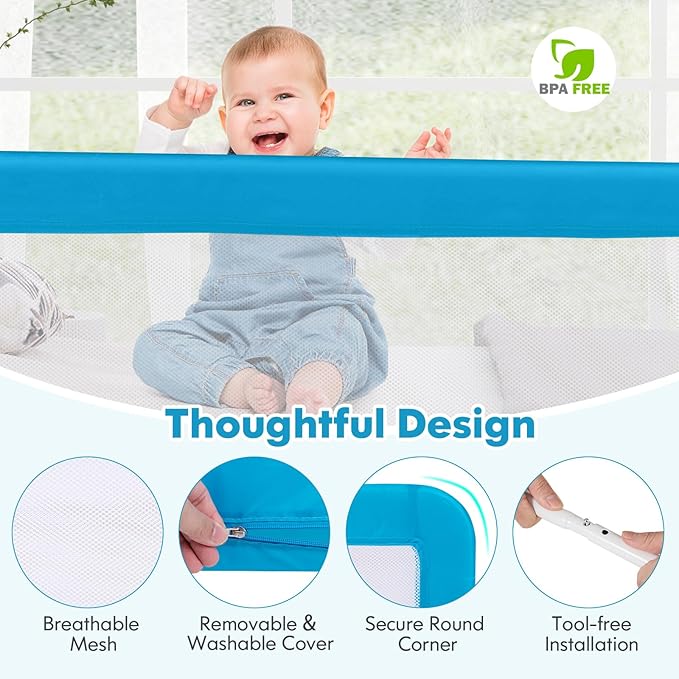 BABY JOY Bed Rails for Toddlers, 59'' Extra Long, Swing Down Bed Guard w/Safety Straps, Folding Baby Bedrail for Kids Twin, Double, Full Size Queen & King Mattress (Blue, 59-Inch)