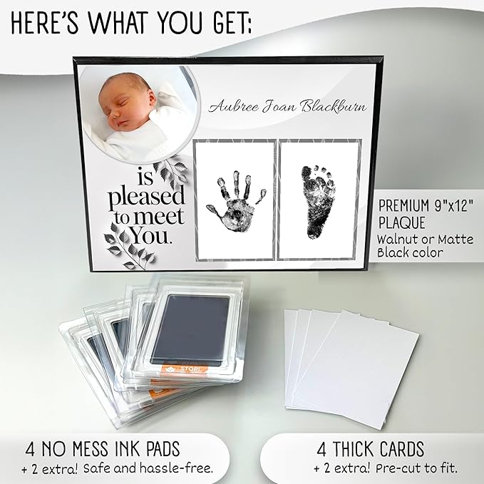 Baby Hand and Footprint Kit with Photo & Birth Details, Inkless Hand and Footprint Kit, Newborn Keepsake Plaque, Baby Shower Gifts (STYLE 1 (Fully Personalized) (Is Pleased To Meet You))