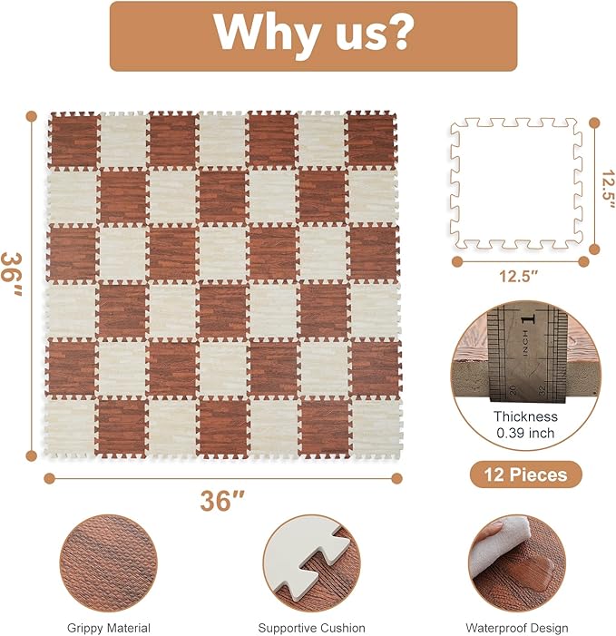 Skyweaver 12 Tiles Soft Non-Toxic Baby Play Mat for Floor EVA Foam Jigsaw Puzzle Play Mat, Interlocking Squares with 0.6inch for Babies, Toddlers & Kids Gym, Nursery, Playroom, White