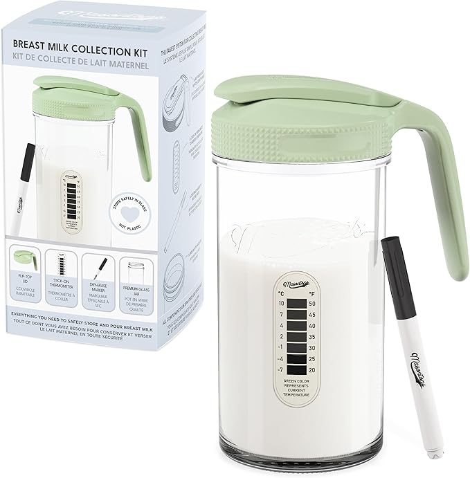 Masontops Breast Milk Storage Kit - 24oz Airtight Mason Jar with Handle, Marker & Stick-on Thermometer for New Moms