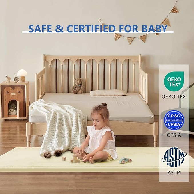 Play Mat for Babies Toddlers,1.3" Thick Elasti-Foam Anti-Fall Cushion Mat for Kids Room,28×72 Bedroom Bedside Rugs,Water-Repellent Soft Coral Velvet,Non-Slip(Vanilla)