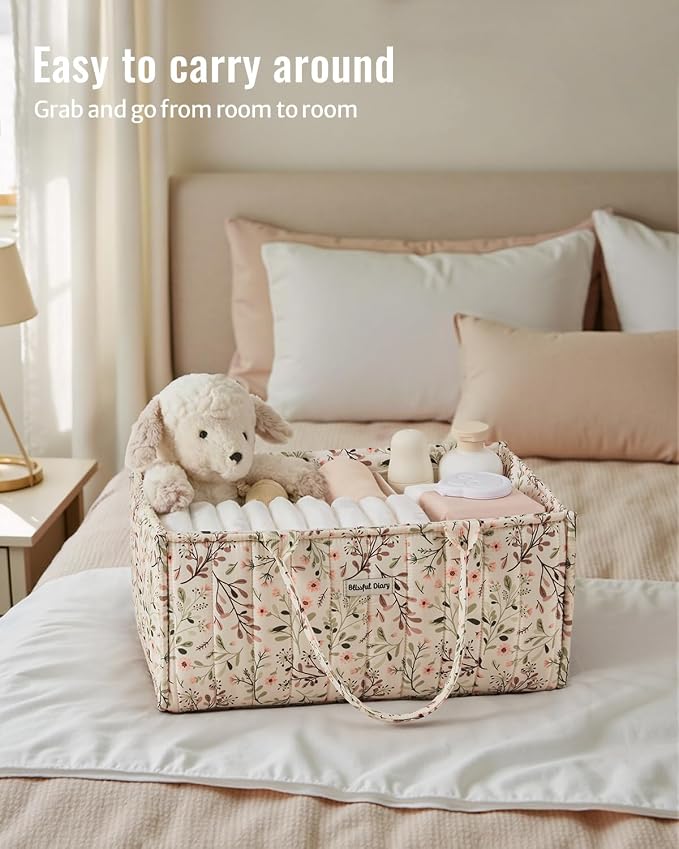 Blissful Diary Floral Diaper Caddy Organizer, Stylish Nursery Storage Basket - Image 4
