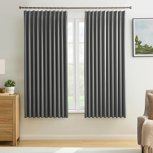 KEQIAOSUOCAI Grey Pinch Pleat Curtains & Drapes 63 Inches Long 2 Panels Set, Privacy Darkening Sound Dampening Window Treatment for Bedroom Vertical Draft Blackout Blinds for Living Room 80 by 63