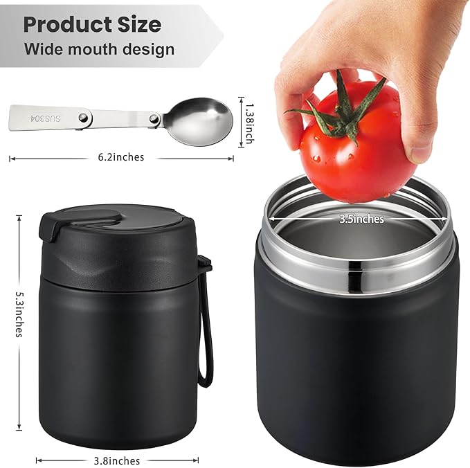 17oz Soup Thermo for Hot Food Kids,Insulated Food Jar with Spoon,Thermo Hot Food Lunch Container,Wide Mouth Leakproof Stainless Steel Lunch Box for School-Black