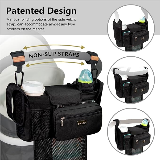 TOPDesign Universal Baby Stroller Organizer, Stroller Caddy with Detachable Mesh Bag & Heightened Insulated Cup Holders & Non-Slip Secure Hooks Accessories, Fits Most Strollers (Music Crocodiles)