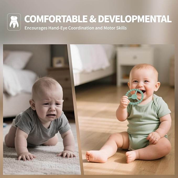 3 Pack Baby Teething Toys 3-6 Months, Silicone Ring Teethers for Babies 6-12 Months, Freezer Safe Chew Toy with Textured Grip for Boys Girls Teething Relief, Infant Easter Gift (Mint Green Blue)