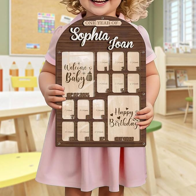 V-DECORPARKS Personalized My First Year Photo Frame | 12 Months Picture Frame For Baby First Year | Displays Two 4x6 Photo and Twelve 2x3 Pictures | Welcome Baby To Happy Birthday With Birth Stats