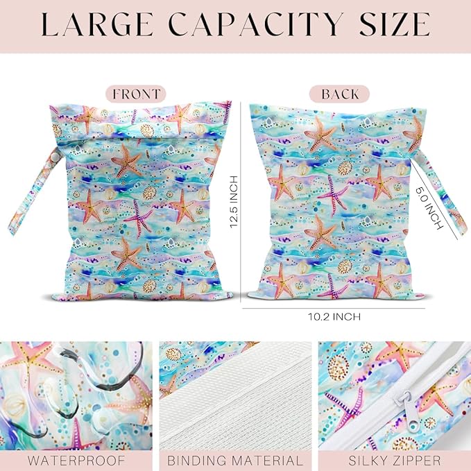 Wet Bag for Swimsuit, Beach Travel Essentials Wet Dry Bag, for Sunscreen Toiletry Dirty Clothes Yoga Gym Diaper, Friends Summer Beach Vacation Gifts. Starfish and jellyfish