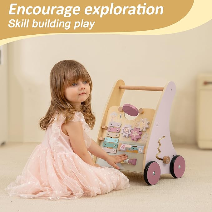 Pink Wooden Push Pull Sit to Stand Walker - Adjustable Learning Activity Center - Baby Learning to Walk - Educational Gift for Toddler Boy or Girl