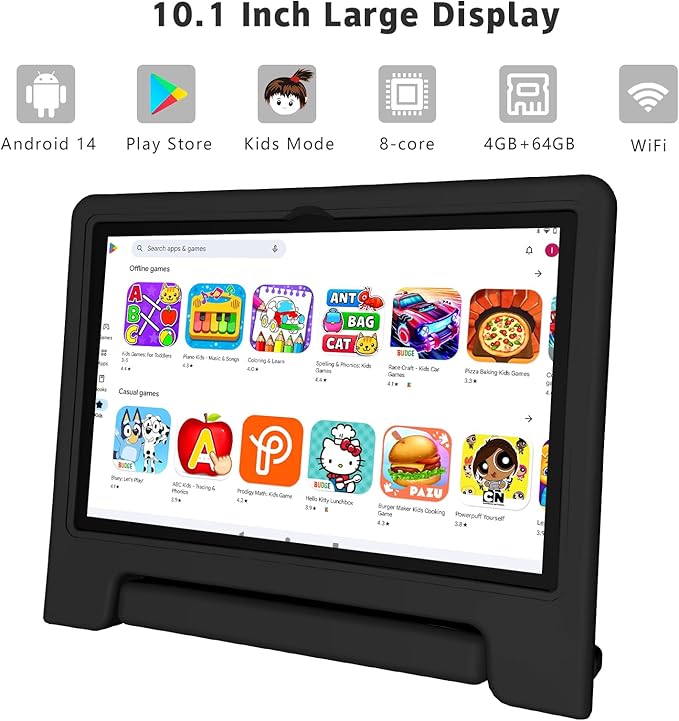 Kids Tablet, 10.1 Inch Tablet for Kids Android 14, 64GB Octa-Core, WiFi, Big Battery, Kids Space, Parental Control 1280 * 800 HD Display Children Tablets Black