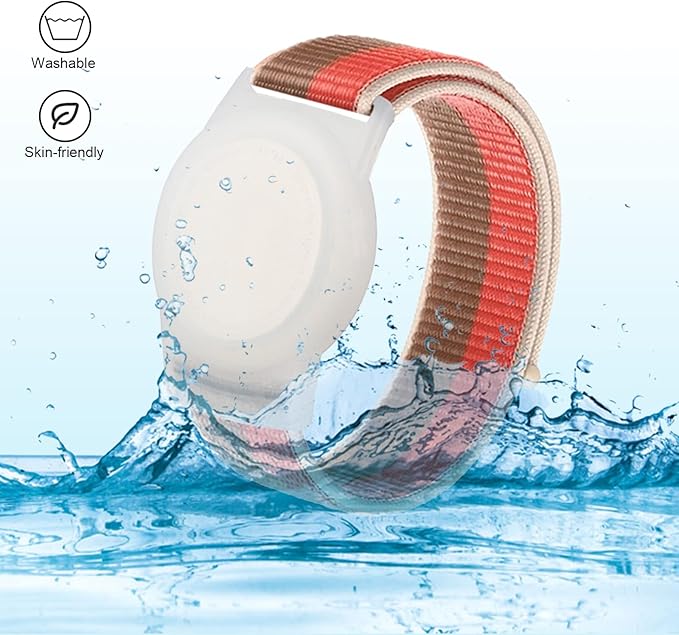 Kids Wristband Compatible with Apple AirTag, Protective Case for Air Tag GPS Tracker Holder with Nylon Bracelet, Adjustable Anti Lost Watch Band for Toddler Child Elder(Pink & Khaki)