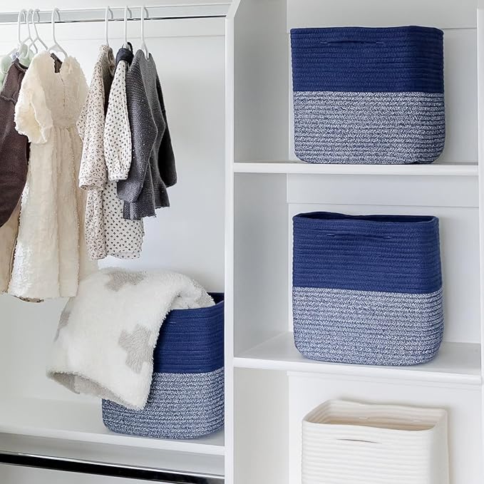 NaturalCozy 13 Inch Cube Storage Bins Cotton Rope Woven Baskets for Organizing 3-Pack | 13 x 13 Storage Cubes | Fabric Square Storage Baskets for Shelves Organizer, Kids Toy Bins, Closet Baby Nursery