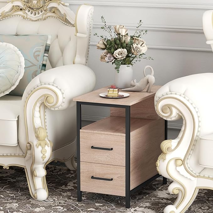 Side Tables with Charging Station, Narrow End Table with 2 Wooden Drawers, USB Ports and Power Outlets, Narrow Nightstand and Bedside Table, Side Tables Living Room, Bedroom, Greige