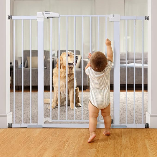 BABELIO 36" Tall Baby Gate, 29-48" Auto Close Pressure Mounted Dog Gate for Stairs, Doorways & Hallway, Protector Basics Easy Walk Thru Pet Gate, Metal Child Gate with 2*Y Spindle Rods, White
