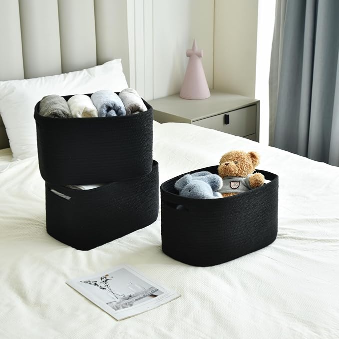 Storage Basket,Woven Baskets for Storage,Cotton Rope Baskets for Organizing,decorative Baskets for Shelves,book Basket,towel Basket,Toy Basket or Storage Bins for Living Room - 3 Pack,Black